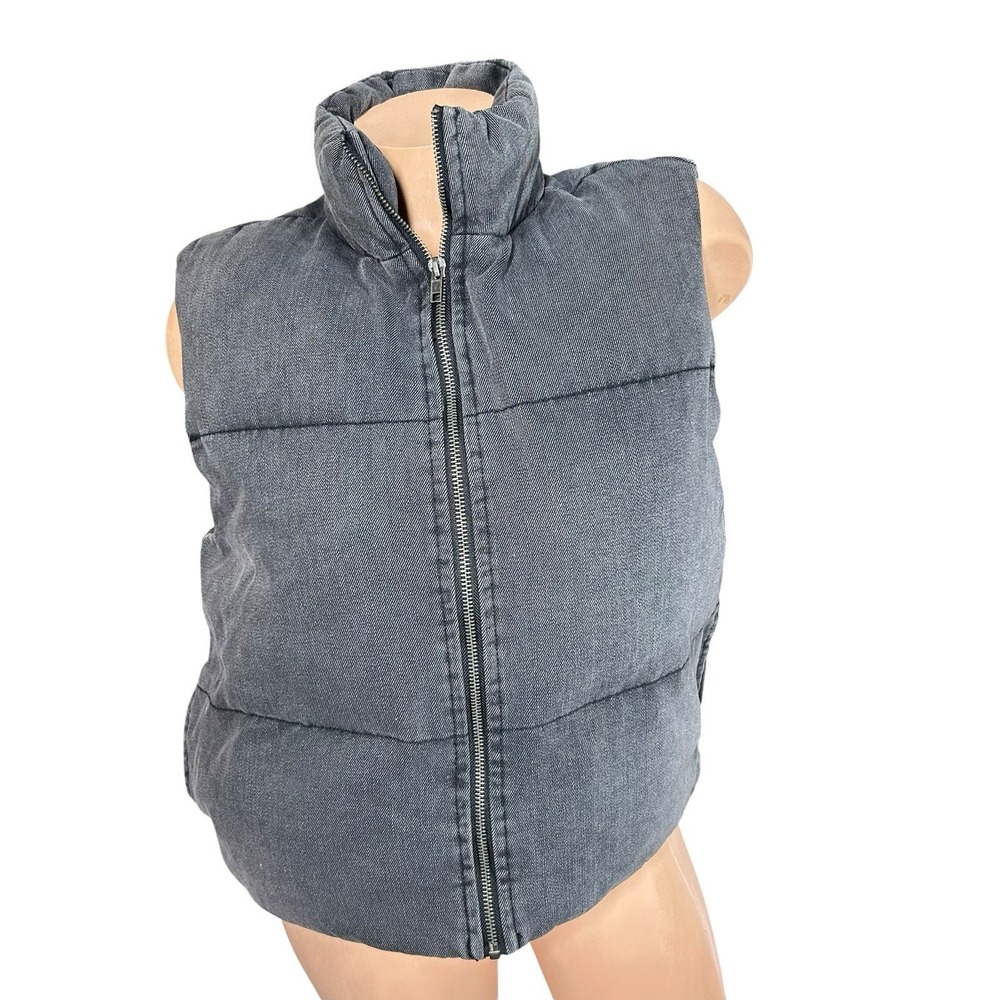 Womens Khaki + Blue Washed Gray Denim Puffer Vest Zip Front Size XS